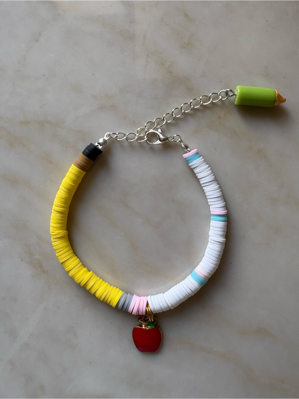 Handmade Yellow & White Apple Pencil Charm Clay Beads Bracelet -